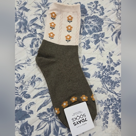7days socks Other - Tdays Floral Crew Socks - Olive & Cream with Mustard Flowers